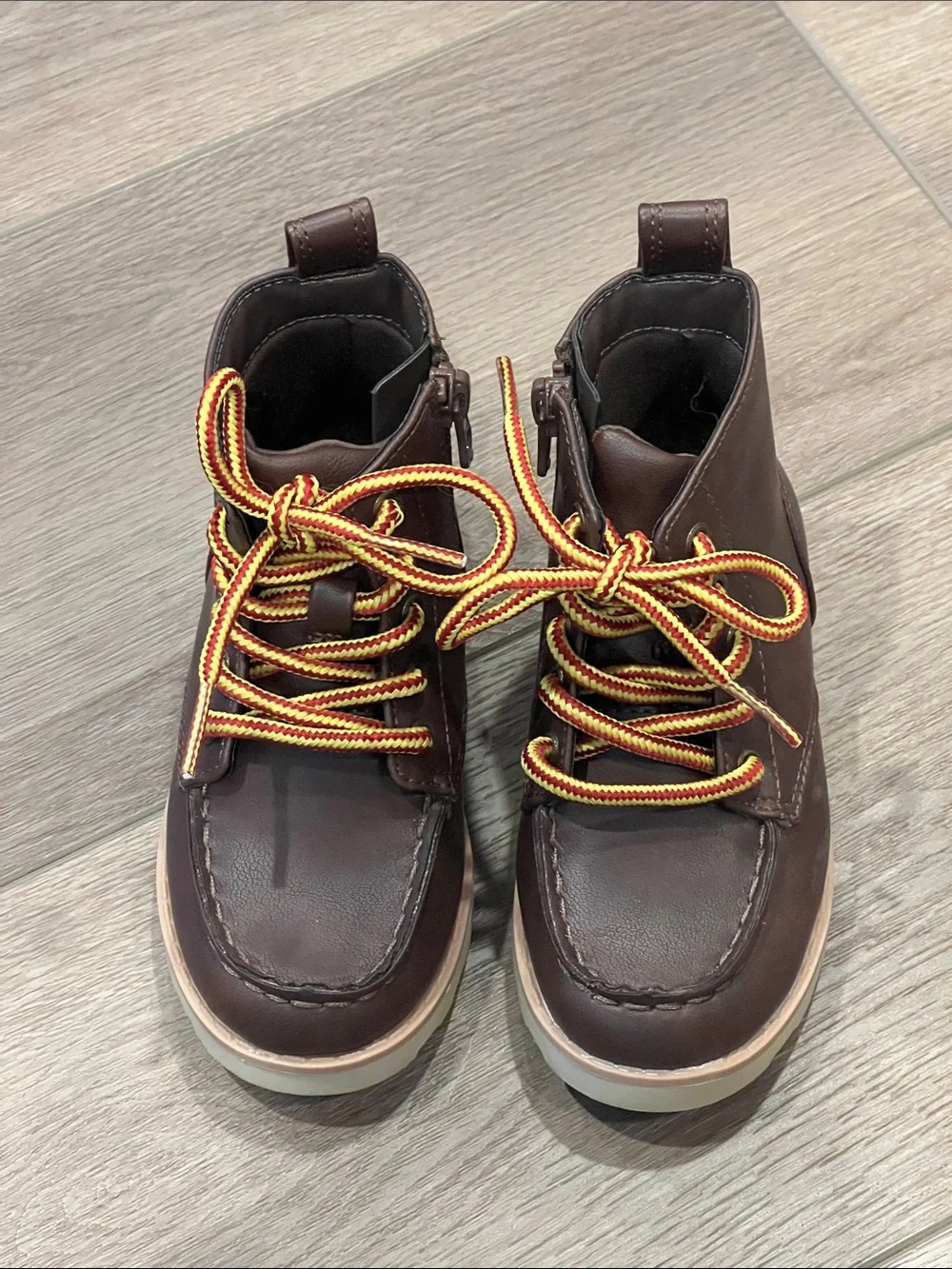 Cat & Jack Greyson Brown Lace-Up Ankle Boots with Yellow-Orange Laces Side Zip
